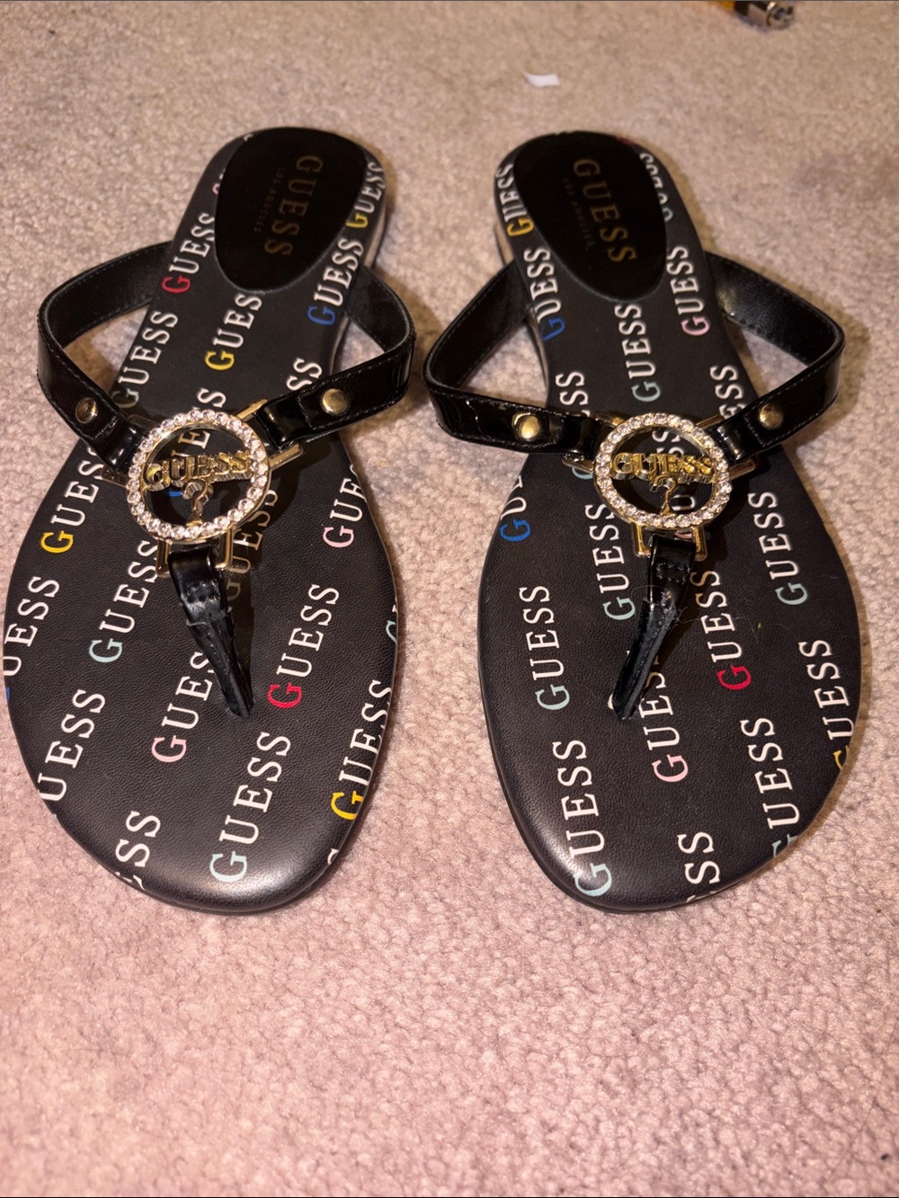 GUESS Black Logo T-Strap Crystal-Embellished Sandals